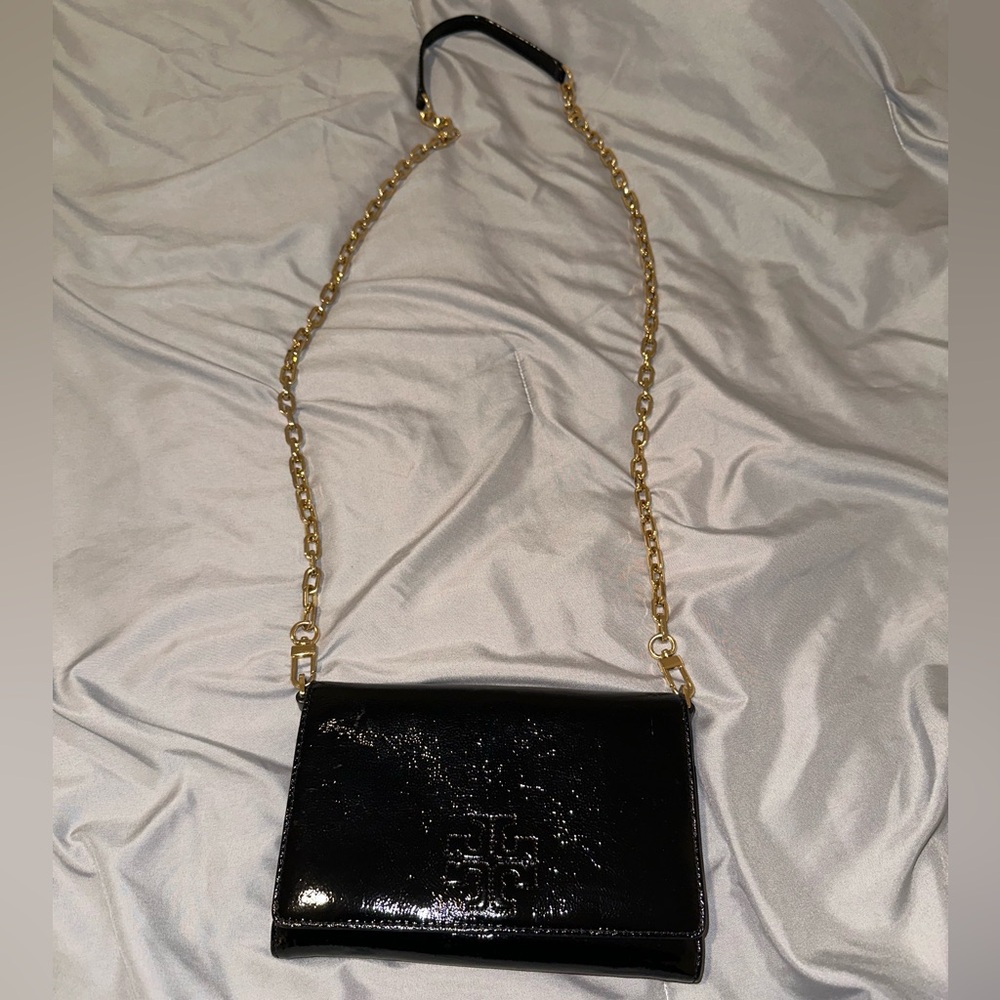 Tory Burch Black Patent Crossbody Bag with Gold Chain